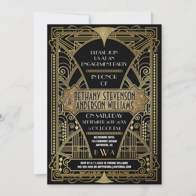 Vintage Gold Art Deco Engagement Party Invitations (Front)