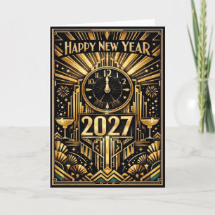Vintage Gold Art Deco New Year 2027 Holiday Card