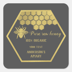 Vintage gold bee honey comb honey jar square sticker