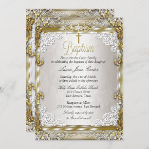 Vintage Gold Beige Damask Cross Baptism Photo Invitation