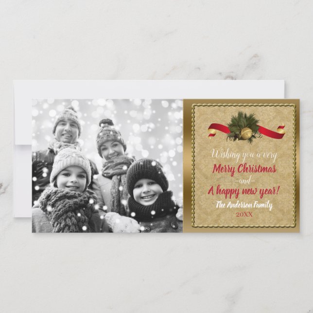 Vintage Gold Bell Christmas Holiday Photo Card (Front)