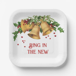 Vintage Gold Bells, Holly and Berries Paper Plate