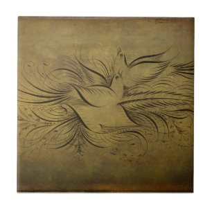 Vintage Gold Birds Line Drawings Ceramic Tile