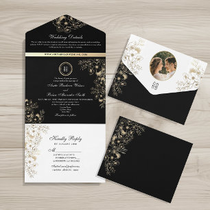 Vintage Gold Black and White Wedding All In One Invitation