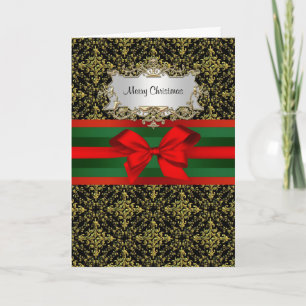 Vintage Gold Black Damask 2 Red Green Ribbon Holiday Card