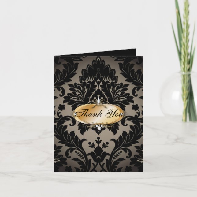 vintage Gold black damask wedding thank you (Front)