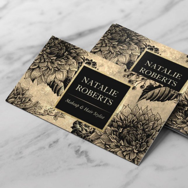 Vintage Gold Black Floral Makeup Artist Hair Salon Business Card (Creator Uploaded)