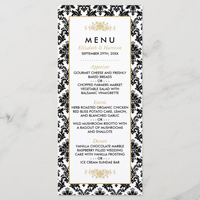 Vintage Gold, Black & White Damask Wedding Menu (Front)