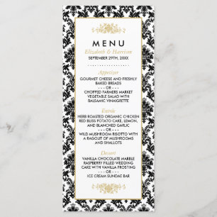 Vintage Gold, Black & White Damask Wedding Menu