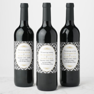 Vintage Gold, Black & White Damask Wedding Wine Label