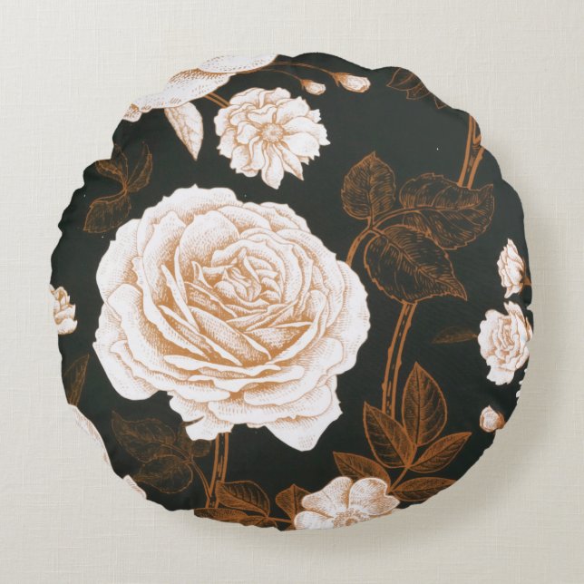 Vintage Gold Black White Rose Leaves Round Cushion (Front)