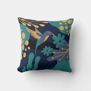 Vintage gold, blue and turquoise hummingbird cushion