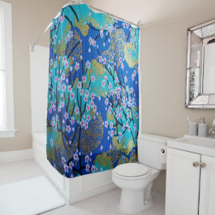 Vintage Gold Blue Japanese Kimono Floral Floral Shower Curtain