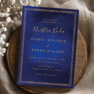 Vintage Gold Blue Ornament Nuestra Boda Wedding I Invitation