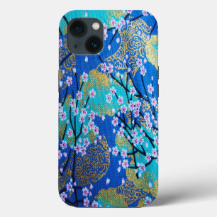 Vintage Gold Blue White Japanese Kimono Floral iPhone 13 Case