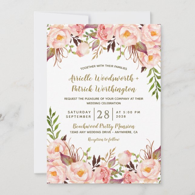 Vintage Gold Blush Pink Peony Wedding Invitations (Front)