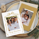 Vintage Gold Bow Merry Christmas 2 Photo Holiday Card<br><div class="desc">Celebrate the holiday season with this charming Christmas card featuring your family's photo framed by a festive gold bow and ribbon on a crisp white background. "Merry Christmas" is elegantly written in a charming gold handwritten script, with space to personalise your family name below. The back of the card showcases...</div>