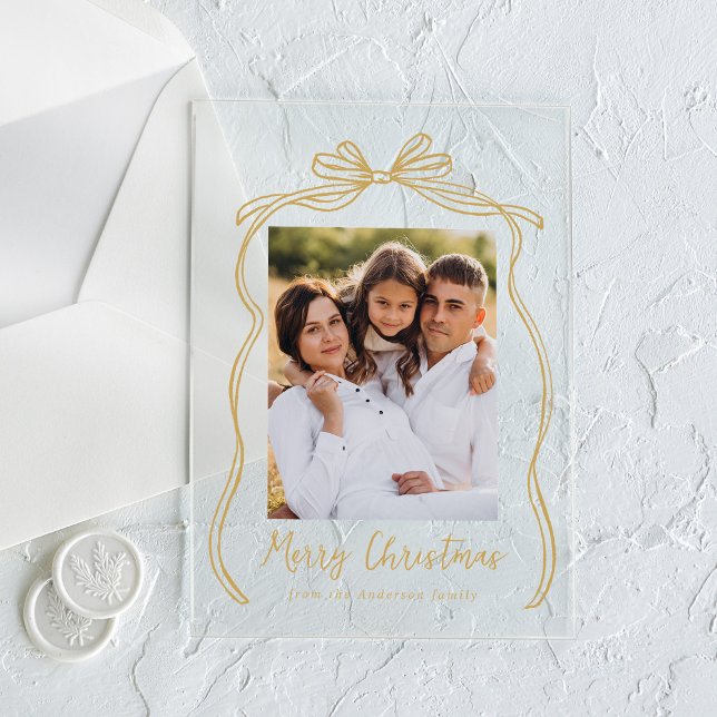 Vintage Gold Bow Merry Christmas Photo Acrylic Invitations (Creator Uploaded)