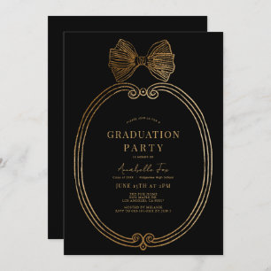 Vintage Gold Bow Ribbon Black Graduation Party Invitation