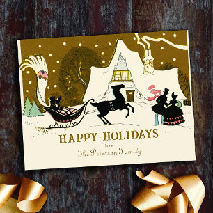 Vintage Gold Christmas Party Winter Scene Holiday Postcard