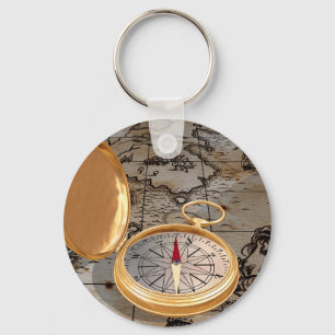Vintage Gold Compass on Antique Pirate Map  Key Ring