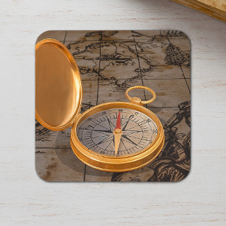 Vintage Gold Compass on Antique Pirate Map  Square Sticker