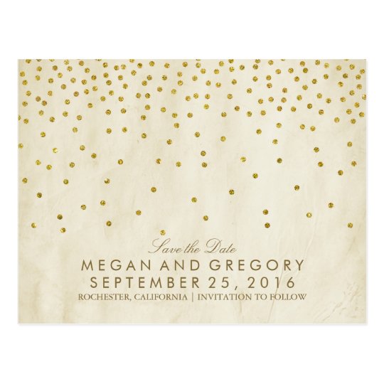 vintage gold confetti save the date postcard
