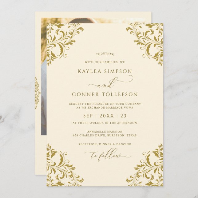 Vintage Gold & Cream Elegant Photo Wedding Invitation (Front/Back)