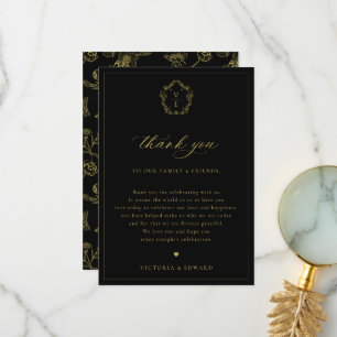 Vintage Gold Crest Black Wedding Reception Table Thank You Card