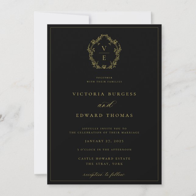 Vintage Gold Crest Monogram Black Wedding Invitation (Front)