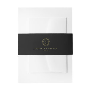 Vintage Gold Crest Monogram Black Wedding Invitation Belly Band