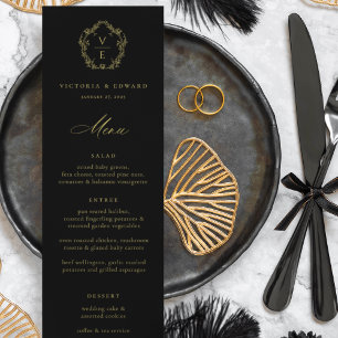 Vintage Gold Crest Monogram Floral Wedding Menu