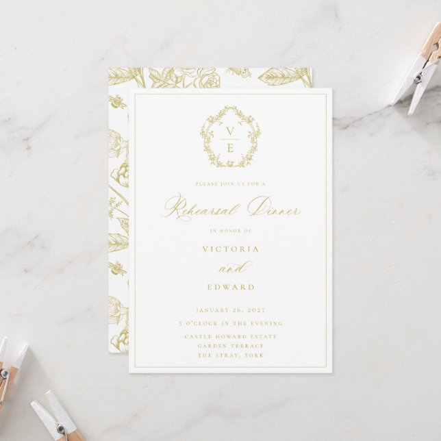Vintage Gold Crest Monogram Rehearsal Dinner Invitation (Front/Back In Situ)