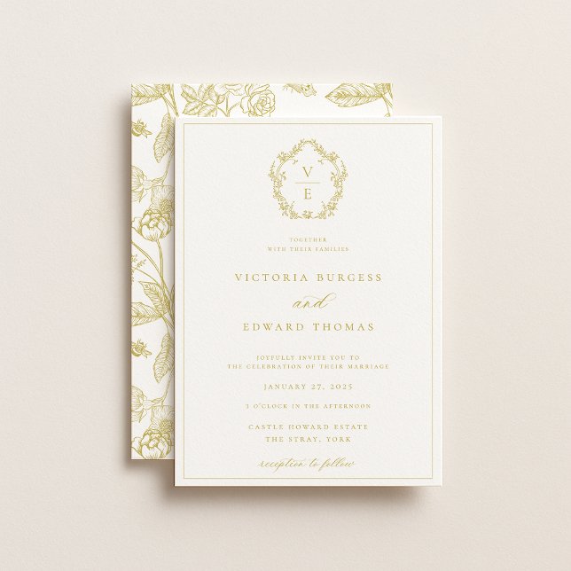Vintage Gold Crest Monogram Wedding Invitation (Creator Uploaded)