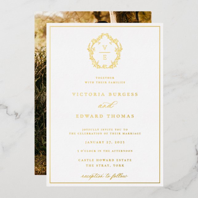 Vintage Gold Crest Monogram Wedding Photo (Front/Back)