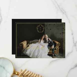 Vintage Gold Crest Monogram Wedding Photo Black Thank You Card