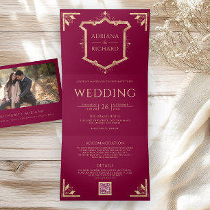 Vintage Gold Crest QR Code Magenta Wedding Tri-Fold Invitation