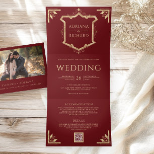Vintage Gold Crest QR Code Maroon Red Wedding Tri-Fold Invitation