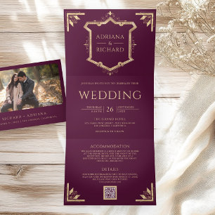 Vintage Gold Crest QR Code Plum Purple Wedding Tri-Fold Invitation