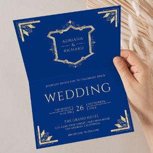 Vintage Gold Crest QR Code Royal Blue Wedding Invitation