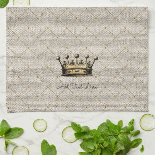 Vintage Gold Crown Royal Queen King OWN TEXT Tea Towel