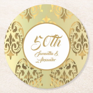 Vintage gold damask 50th anniversary round paper c coaster