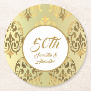 Vintage gold damask 50th anniversary round paper coaster