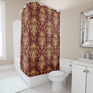 Vintage Gold Damask Pattern over Burgundy Red Shower Curtain