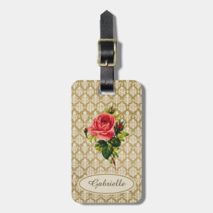 Vintage Gold Damask Pattern Pink Rose and Name Luggage Tag