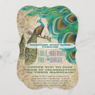 Vintage Gold Damask Peacock Vintage 4 Feathers Invitation