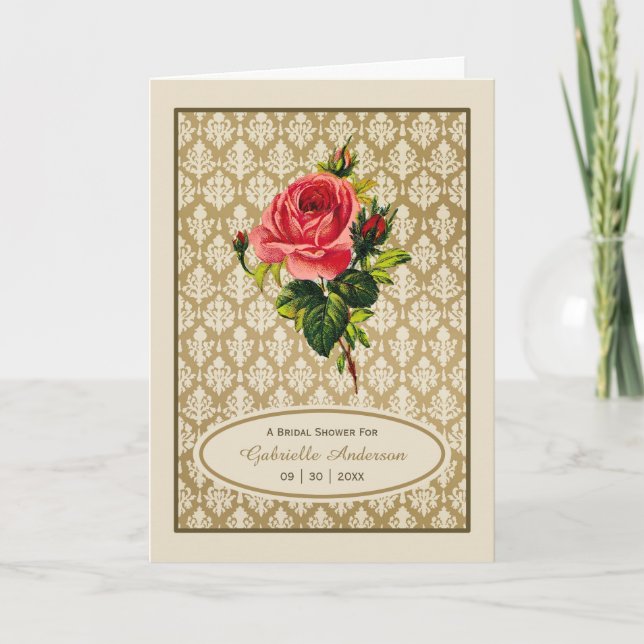Vintage Gold Damask Pink Rose Bridal Shower Invitation (Front)