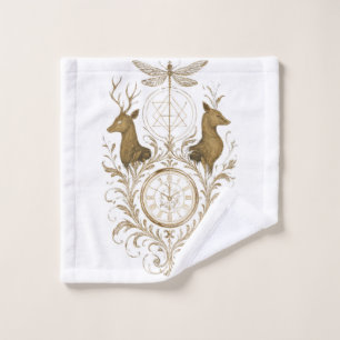 Vintage Gold Deer and Dragonfly Aesthetic All-Over Wash Cloth