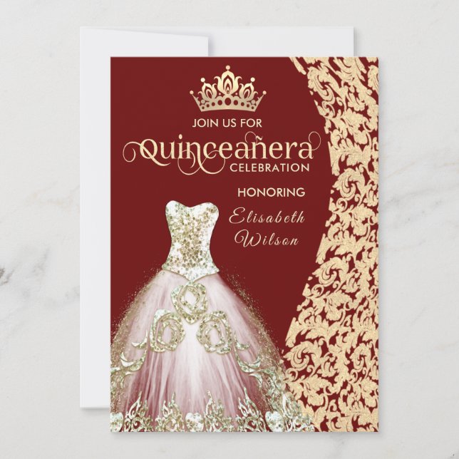 Vintage gold dress damask  tiara Quinceañera Invitation (Front)