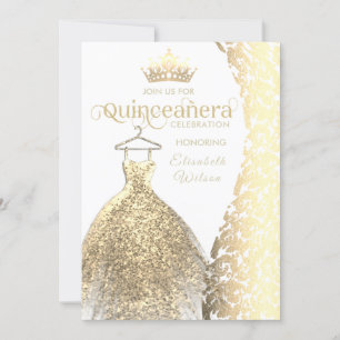 Vintage gold dress damask  tiara Quinceañera Invitation